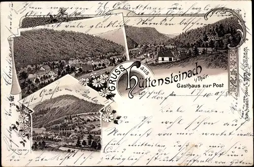 Litho Hüttensteinach Sonneberg in Thüringen, Gasthaus zur Post, Panorama vom Ort