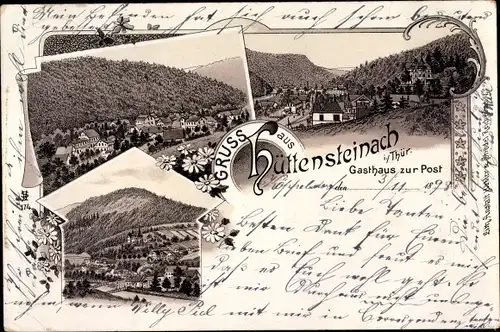 Litho Hüttensteinach Sonneberg in Thüringen, Gasthaus zur Post, Panorama vom Ort