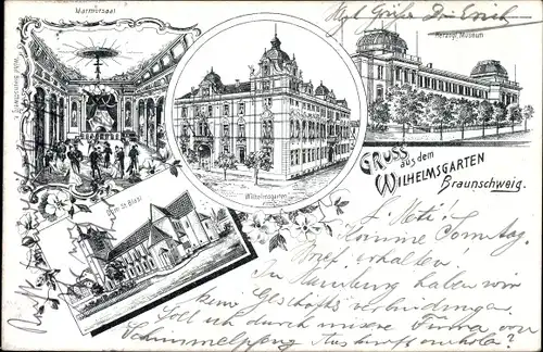 Litho Braunschweig in Niedersachsen, Gasthaus Wilhelmsgarten, Innenansicht, Dom St. Blasii