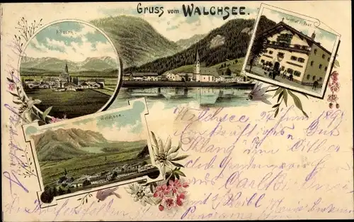 Litho Walchsee in Tirol, Gasthof zur Post, Totalansicht der Ortschaft