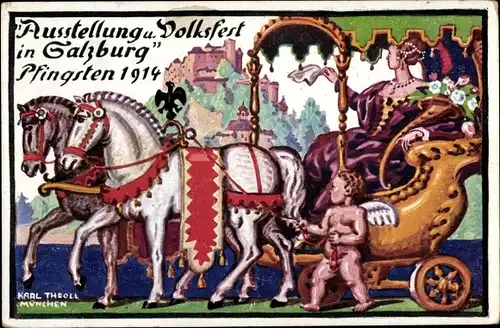 Künstler Ak Throll, Karl, Salzburg in Österreich, Ausstellung und Volksfest Pfingsten 1914, Kutsche