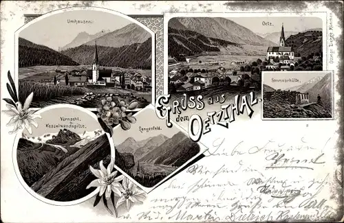Litho Oetz in Tirol, Ötztal, Umhausen, Lengenfeld, Vernacht, Kesselwandspitze