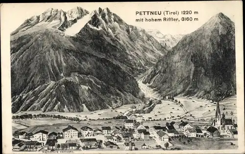 Ak Pettneu am Arlberg in Tirol, Blick auf den Ort mit Hohem Riffler