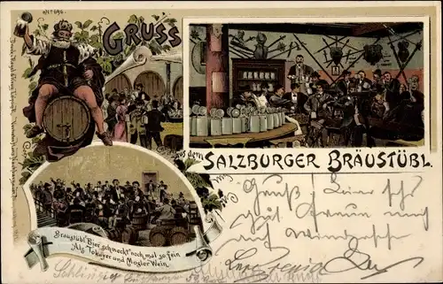 Litho Salzburg in Österreich, Salzsburger Bräustübl, Innenansicht, Bierkrüge, Bierfässer