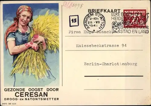 Ak Arnhem Gelderland Niederlande, Ceresan Reklame, Frau mit Getreidebündel