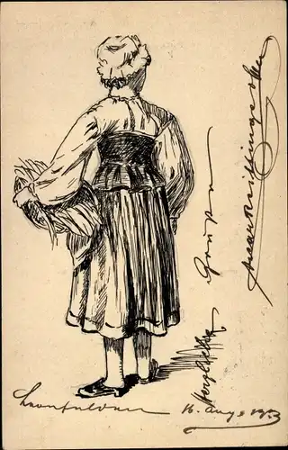 Künstler Ak Österreich, Frau in Tracht mit Korb, Rückansicht