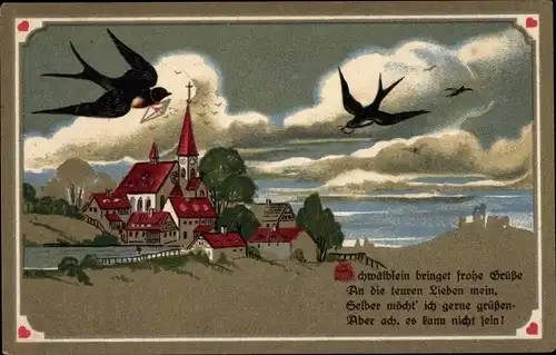 Ak Schwälblein bringet frohe Grüße an die teuren Lieben mein, Kitsch