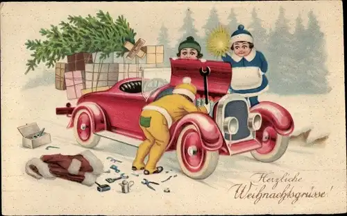 Ak Glückwunsch Weihnachten, Automobil mit Geschenken und Tannenbaum hat eine Panne