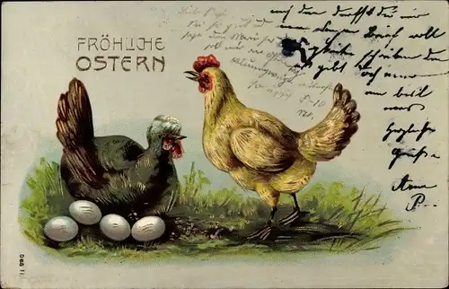 Präge Litho Glückwunsch Ostern, Hennen und Eier, Hühner