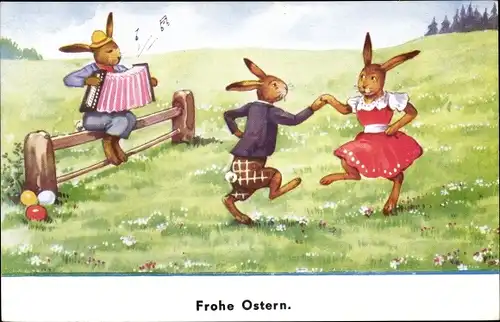 Ak Glückwunsch Ostern, Vermenschlichte Osterhasen beim Tanzen, Akkordeon