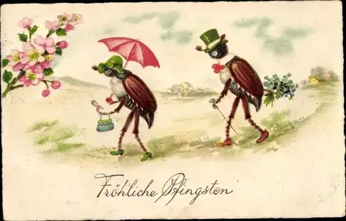 Ak Glückwunsch Pfingsten, Vermenschlichte Maikäfer