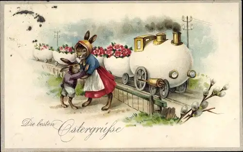 Ak Glückwunsch Ostern, Häsin mit Kind am Bahnübergang, Eierzug, vermenschlichte Tiere