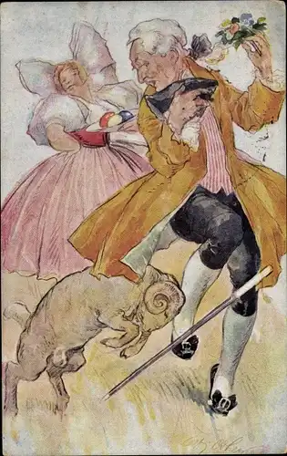 Künstler Ak Glückwunsch Ostern, Bock stößt Mann ans Bein, Frau in Tracht mit Ostereiern
