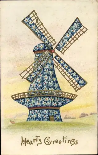 Präge Ak Hearty Greetings, Windmühle aus Vergissmeinnicht