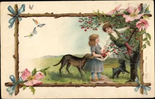 Präge Ak Kinder pflücken Kirschen, Hunde
