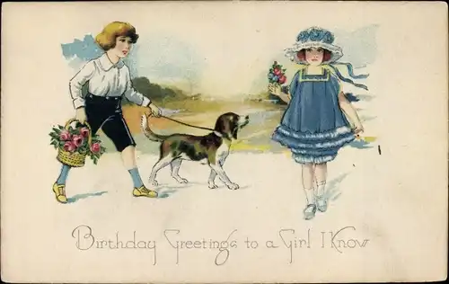 Ak Glückwunsch Geburtstag, Greetings to a girl I know, Kinder, Hund, Blumen