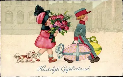 Ak Glückwunsch Geburtstag, Mädchen mit Blumenstraße, Portier mit Geschenken, Hund