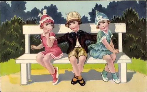 Ak Junge mit zwei Mädchen auf einer Parkbank