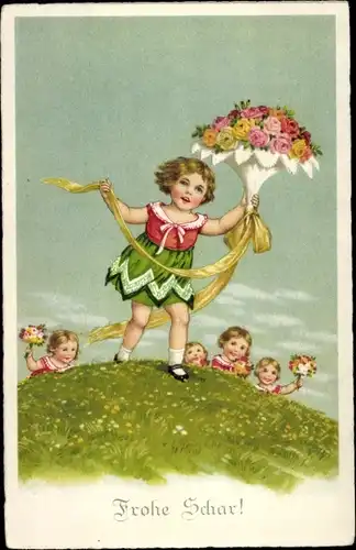 Ak Frohe Schar, Mädchen mit Blumensträußen auf einer Wiese