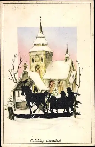 Ak Glückwunsch Weihnachten, Schlittengespann vor einer Kirche im Winter