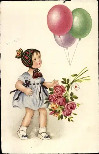 Ak Brief und Blumen an Luftballons, Mädchen, Rosen