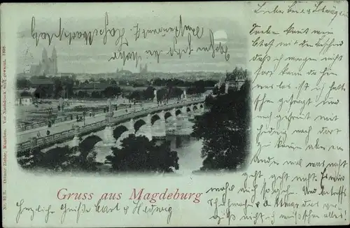 Mondschein Ak Magdeburg an der Elbe, Brücke, Dom, Panorama