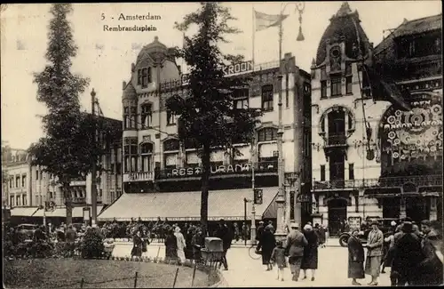 Ak Amsterdam Nordholland Niederlande, Rembrandtsplein, Restaurant, Passanten