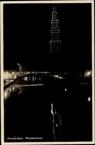 Ak Amsterdam Nordholland Niederlande, Westertoren, Feestverlichting 1938