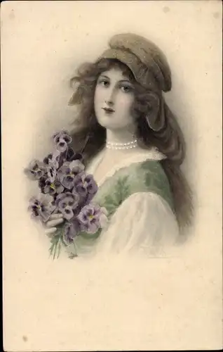 Ak Junge Frau mit Hut, Stiefmütterchen, Munk