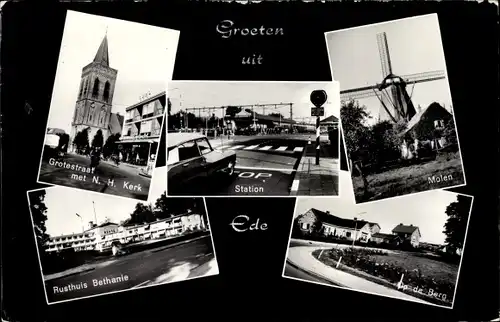 Ak Ede Gelderland Niederlande, Grotestraat met N.H. Kerk, Molen, Rusthuis Bethanie, Op de Berg