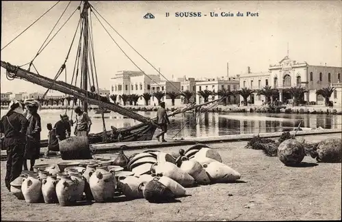 Ak Sousse Tunesien, Un coin du Port, Hafenpartie, Tongefäße