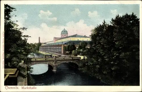 Ak Chemnitz Sachsen, Markthalle, Außenansicht, Brücke