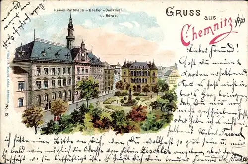Litho Chemnitz in Sachsen, Neues Rathaus, Becker Denkmal, Börse, Außenansicht