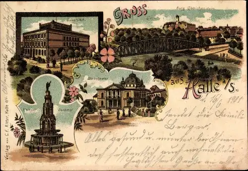 Litho Halle an der Saale, Stadttheater, Universität, Burg Giebichenstein, Krieger-Denkmal