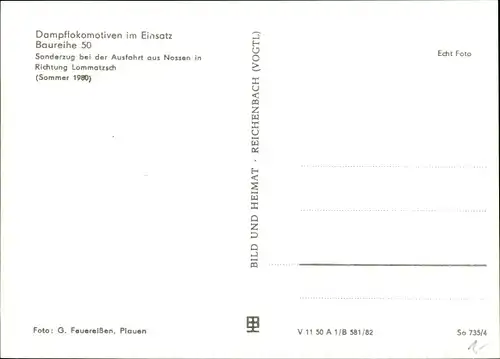 Ak Nossen, Dampflokomotiven im Einsatz, Baureihe 50, Sonderzug Richtung Lommatzsch, 1980