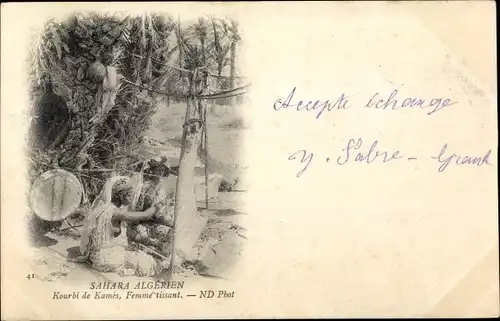 Ak Algerien, Sahara, Kourbi de Kames, Femme tissant