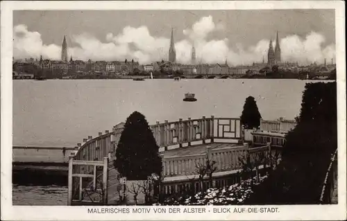 Ak Hamburg, Malerisches Motiv von der Alster, Blick auf die Stadt, Kirchtürme