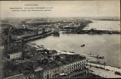 Ak Hamburg, Gesamtansicht, Beide Alsterbassins von der Spitze des Rathausturmes