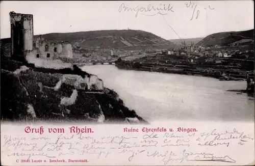 Ak Bingen am Rhein, Panorama mit Ruine Ehrenfels und Bingerbrück