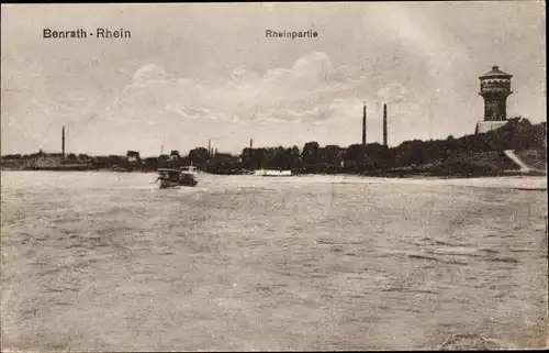 Ak Benrath Düsseldorf am Rhein, Rheinpartie, Wasserturm, Schiff