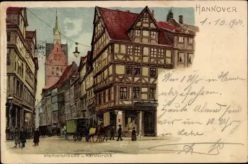 Litho Hannover in Niedersachsen, Kramerstraße u. Marktkirche