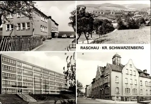 Ak Raschau im Erzgebirge, Landambulatorium, Teilansicht, Paul-Blechschmidt-Oberschule, Rathaus
