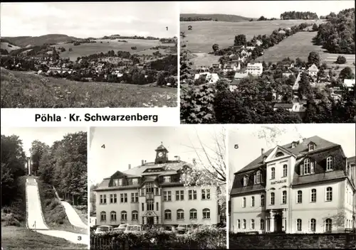 Ak Pöhla Schwarzenberg im Erzgebirge Sachsen, Rathaus, Sprungschanze, Oberschule, Teilansicht
