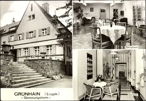 Ak Grünhain im Erzgebirge Sachsen, Genesungsheim, Vorraum, Speiseraum, Außenansicht