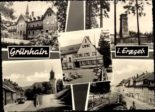 Ak Grünhain im Erzgebirge Sachsen, Kirche, Genesungsheim, Straßenpartie, Turm