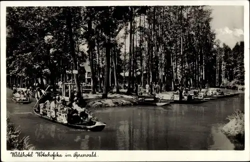 Ak Wotschofska Lübbenau im Spreewald, Waldhotel, Kahn