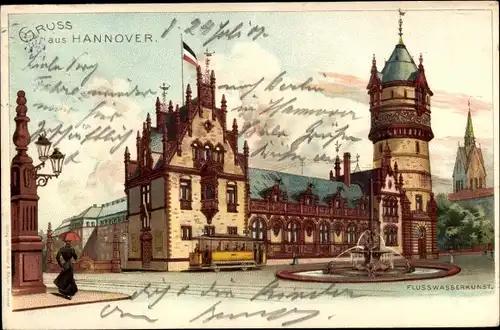 Litho Hannover in Niedersachsen, Flusswasserkunst mit Straßenbahn