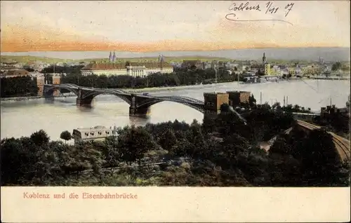 Ak Koblenz am Rhein Panorama, Eisenbahnbrücke