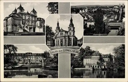Ak Ludwigsburg in Württemberg, Seeschloss Monrepos, Schloss Favorit, Stadtkirche