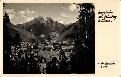 Ak Mayrhofen im Zillertal Tirol, Durchblick zum Ort mit Grünberg